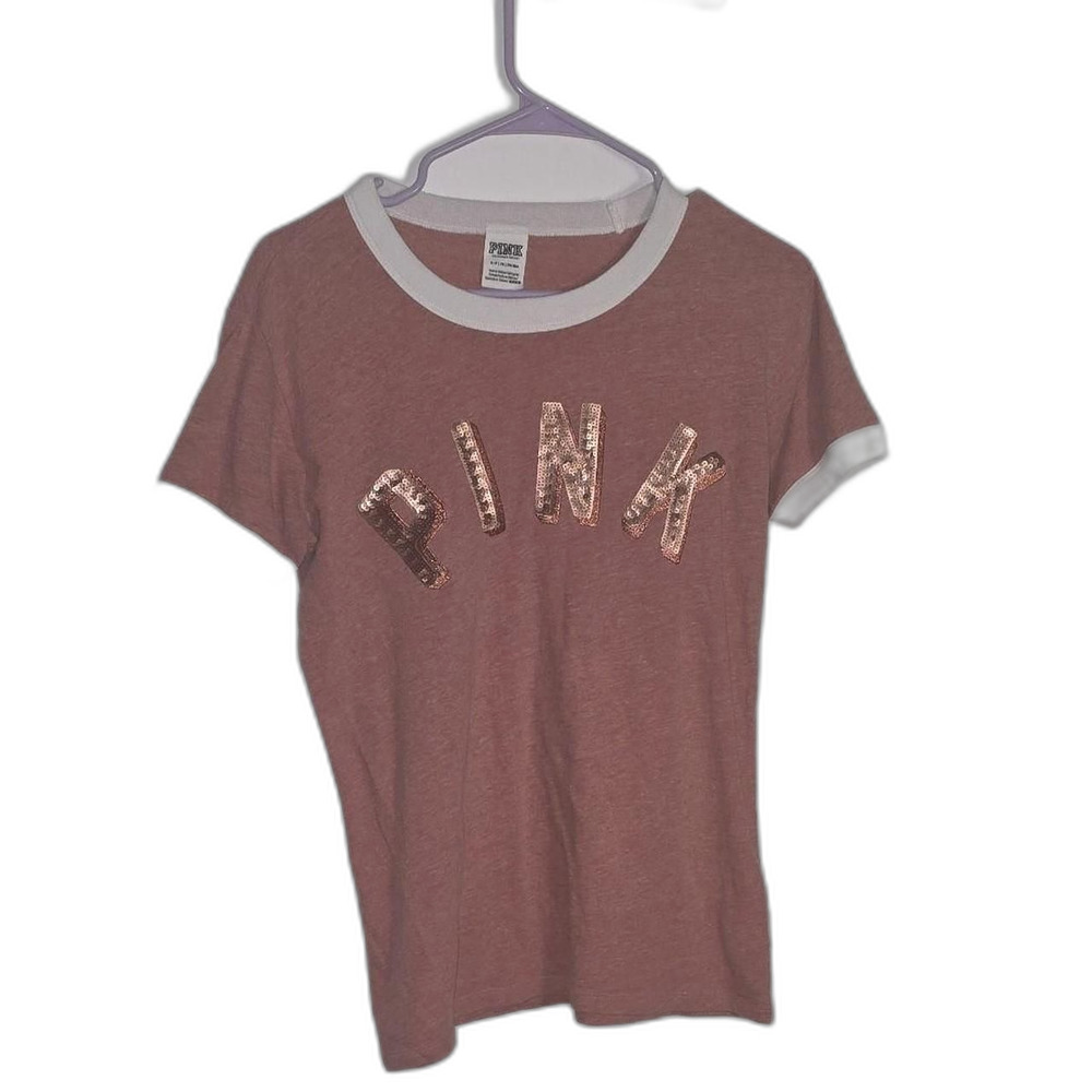 Victoria's Secret PINK Sequin Logo Ringer Tee | Heathered Mauve / Dusty Rose | S